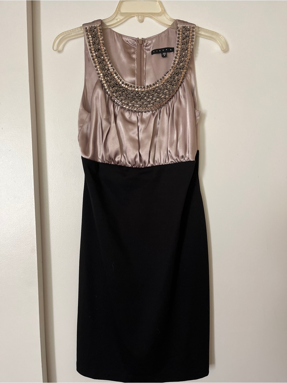 Tiana B. Taupe Satin and Black Beaded Neck Sheath Dress